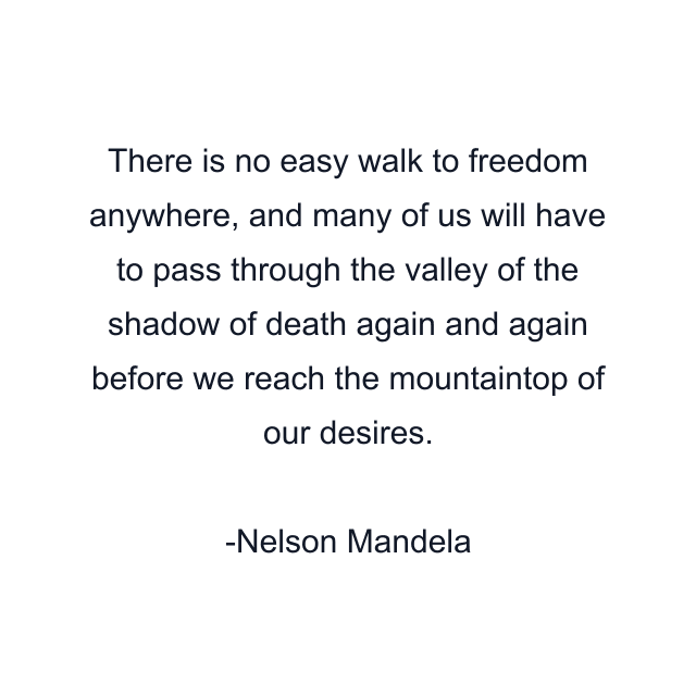 There is no easy walk to freedom anywhere, and many of us will have to pass through the valley of the shadow of death again and again before we reach the mountaintop of our desires.