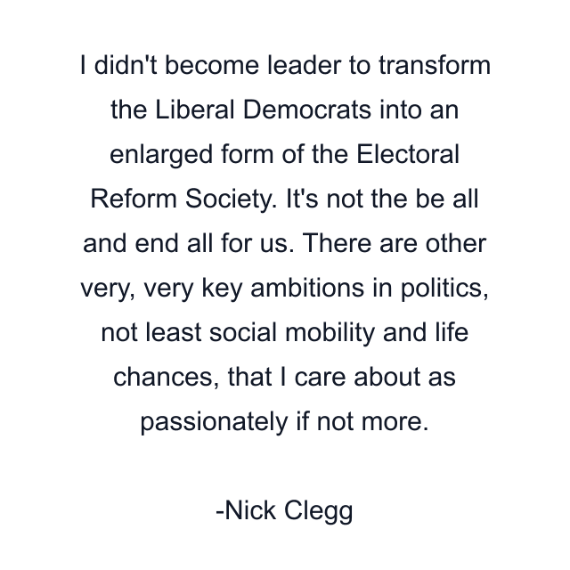 I didn't become leader to transform the Liberal Democrats into an enlarged form of the Electoral Reform Society. It's not the be all and end all for us. There are other very, very key ambitions in politics, not least social mobility and life chances, that I care about as passionately if not more.