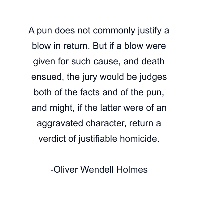 A pun does not commonly justify a blow in return. But if a blow were given for such cause, and death ensued, the jury would be judges both of the facts and of the pun, and might, if the latter were of an aggravated character, return a verdict of justifiable homicide.