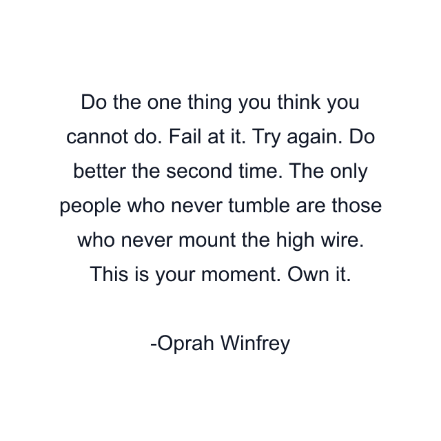 Do the one thing you think you cannot do. Fail at it. Try again. Do better the second time. The only people who never tumble are those who never mount the high wire. This is your moment. Own it.