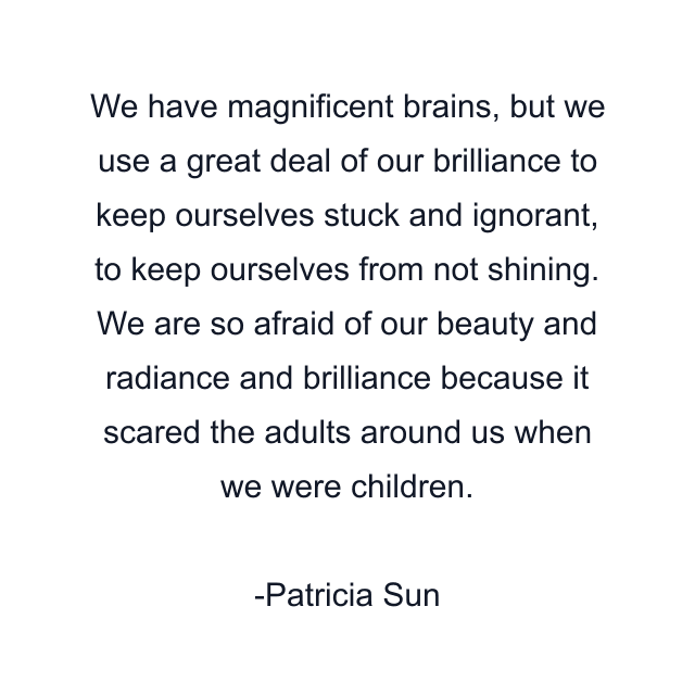 We have magnificent brains, but we use a great deal of our brilliance to keep ourselves stuck and ignorant, to keep ourselves from not shining. We are so afraid of our beauty and radiance and brilliance because it scared the adults around us when we were children.