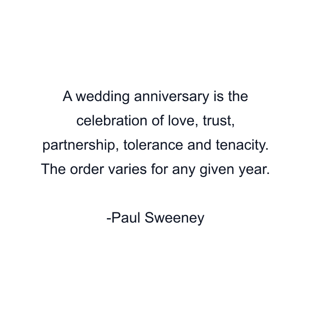 A wedding anniversary is the celebration of love, trust, partnership, tolerance and tenacity. The order varies for any given year.