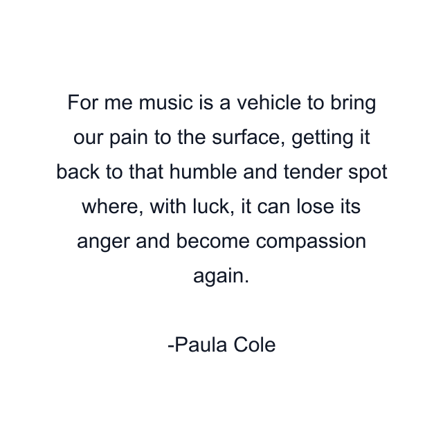 For me music is a vehicle to bring our pain to the surface, getting it back to that humble and tender spot where, with luck, it can lose its anger and become compassion again.