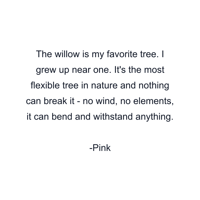 The willow is my favorite tree. I grew up near one. It's the most flexible tree in nature and nothing can break it - no wind, no elements, it can bend and withstand anything.