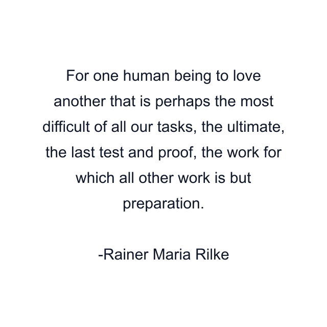 For one human being to love another that is perhaps the most difficult of all our tasks, the ultimate, the last test and proof, the work for which all other work is but preparation.