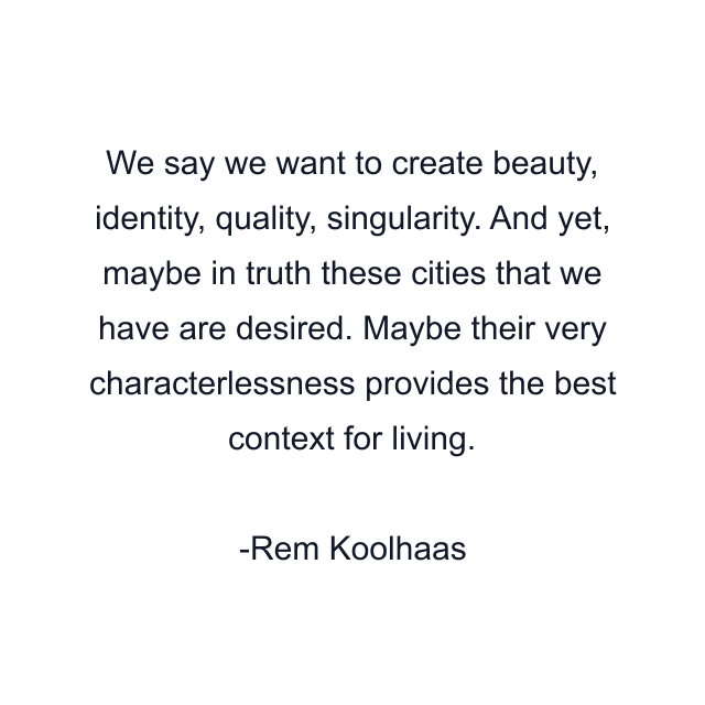 We say we want to create beauty, identity, quality, singularity. And yet, maybe in truth these cities that we have are desired. Maybe their very characterlessness provides the best context for living.