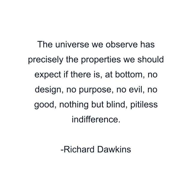 The universe we observe has precisely the properties we should expect if there is, at bottom, no design, no purpose, no evil, no good, nothing but blind, pitiless indifference.