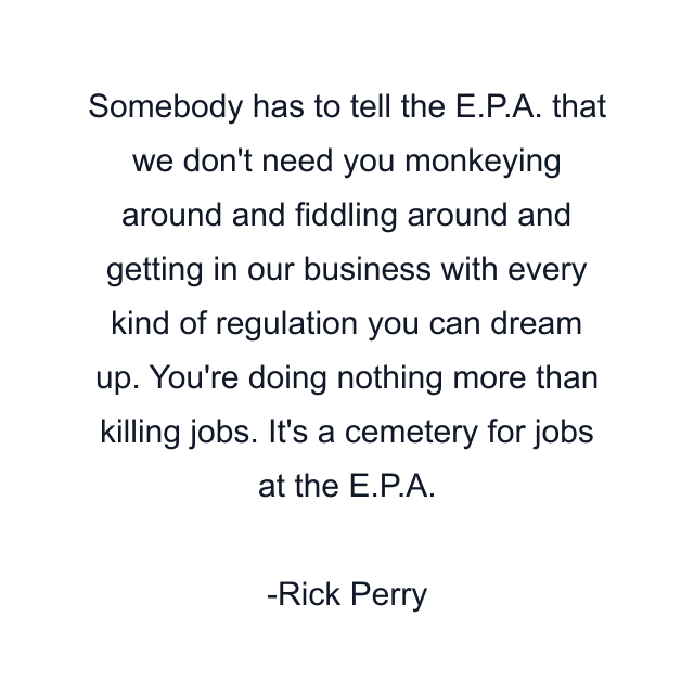 Somebody has to tell the E.P.A. that we don't need you monkeying around and fiddling around and getting in our business with every kind of regulation you can dream up. You're doing nothing more than killing jobs. It's a cemetery for jobs at the E.P.A.