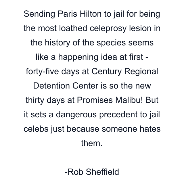 Sending Paris Hilton to jail for being the most loathed celeprosy lesion in the history of the species seems like a happening idea at first - forty-five days at Century Regional Detention Center is so the new thirty days at Promises Malibu! But it sets a dangerous precedent to jail celebs just because someone hates them.