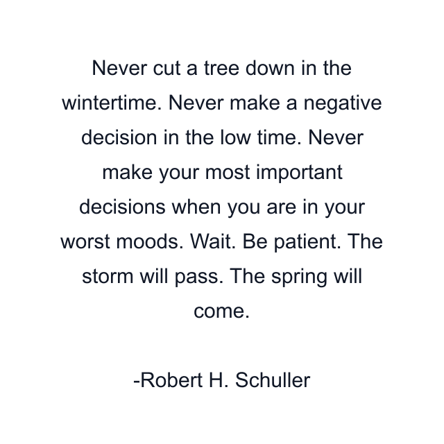 Never cut a tree down in the wintertime. Never make a negative decision in the low time. Never make your most important decisions when you are in your worst moods. Wait. Be patient. The storm will pass. The spring will come.