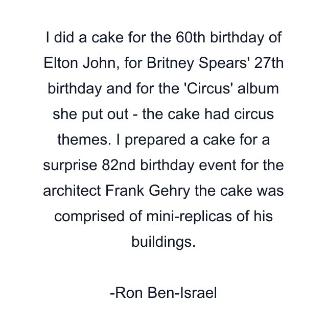 I did a cake for the 60th birthday of Elton John, for Britney Spears' 27th birthday and for the 'Circus' album she put out - the cake had circus themes. I prepared a cake for a surprise 82nd birthday event for the architect Frank Gehry the cake was comprised of mini-replicas of his buildings.