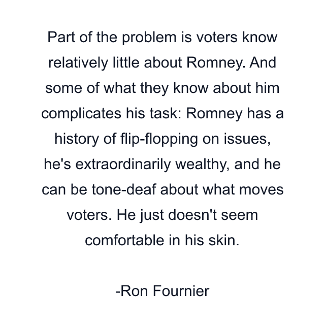 Part of the problem is voters know relatively little about Romney. And some of what they know about him complicates his task: Romney has a history of flip-flopping on issues, he's extraordinarily wealthy, and he can be tone-deaf about what moves voters. He just doesn't seem comfortable in his skin.