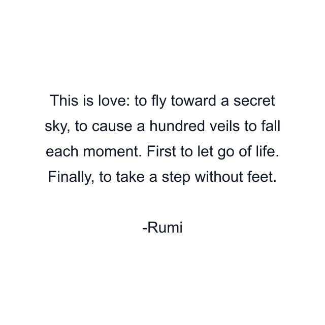 This is love: to fly toward a secret sky, to cause a hundred veils to fall each moment. First to let go of life. Finally, to take a step without feet.