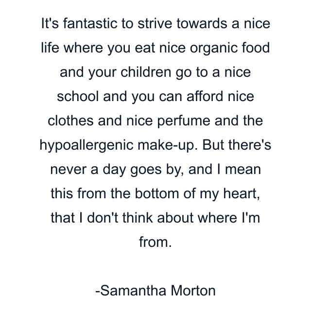 It's fantastic to strive towards a nice life where you eat nice organic food and your children go to a nice school and you can afford nice clothes and nice perfume and the hypoallergenic make-up. But there's never a day goes by, and I mean this from the bottom of my heart, that I don't think about where I'm from.