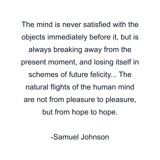 The mind is never satisfied with the objects immediately before it, but is always breaking away from the present moment, and losing itself in schemes of future felicity... The natural flights of the human mind are not from pleasure to pleasure, but from hope to hope.