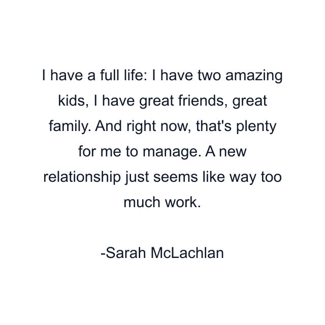 I have a full life: I have two amazing kids, I have great friends, great family. And right now, that's plenty for me to manage. A new relationship just seems like way too much work.