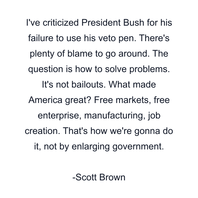 I've criticized President Bush for his failure to use his veto pen. There's plenty of blame to go around. The question is how to solve problems. It's not bailouts. What made America great? Free markets, free enterprise, manufacturing, job creation. That's how we're gonna do it, not by enlarging government.