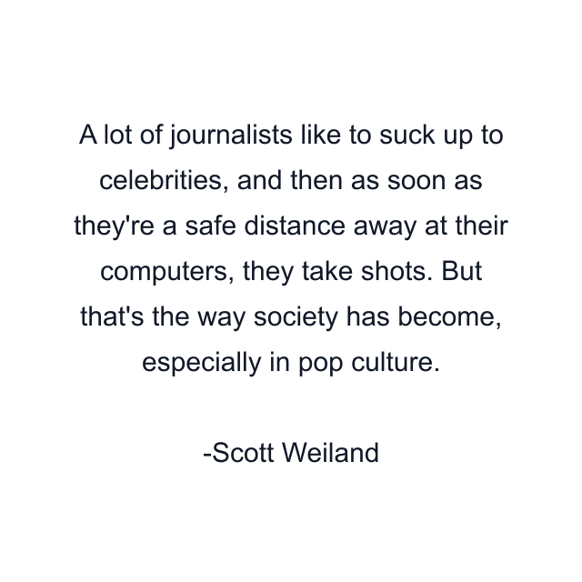 A lot of journalists like to suck up to celebrities, and then as soon as they're a safe distance away at their computers, they take shots. But that's the way society has become, especially in pop culture.