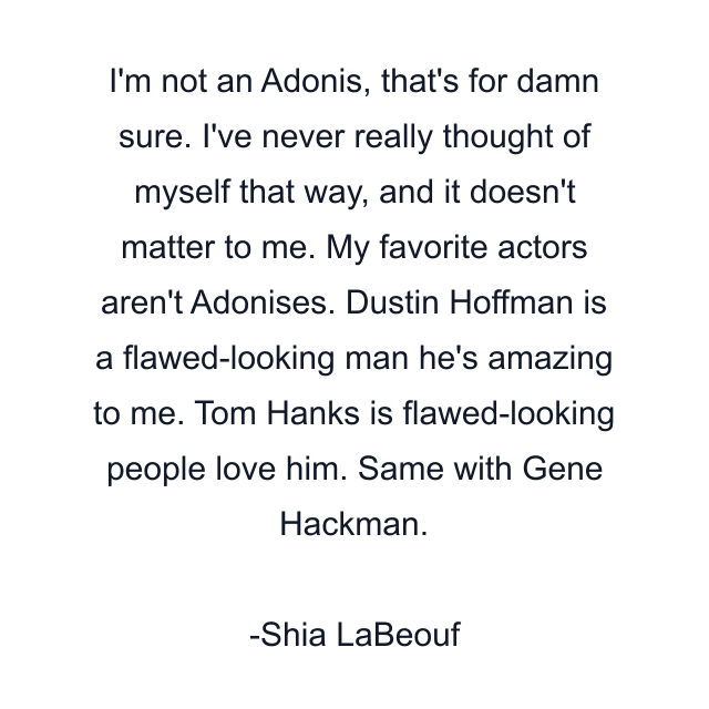 I'm not an Adonis, that's for damn sure. I've never really thought of myself that way, and it doesn't matter to me. My favorite actors aren't Adonises. Dustin Hoffman is a flawed-looking man he's amazing to me. Tom Hanks is flawed-looking people love him. Same with Gene Hackman.