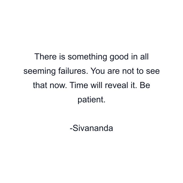 There is something good in all seeming failures. You are not to see that now. Time will reveal it. Be patient.