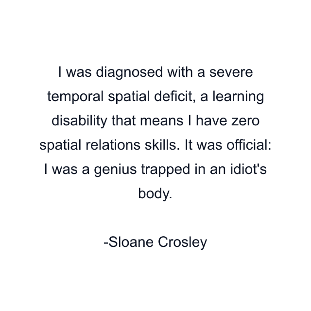 I was diagnosed with a severe temporal spatial deficit, a learning disability that means I have zero spatial relations skills. It was official: I was a genius trapped in an idiot's body.