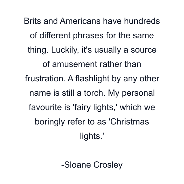 Brits and Americans have hundreds of different phrases for the same thing. Luckily, it's usually a source of amusement rather than frustration. A flashlight by any other name is still a torch. My personal favourite is 'fairy lights,' which we boringly refer to as 'Christmas lights.'