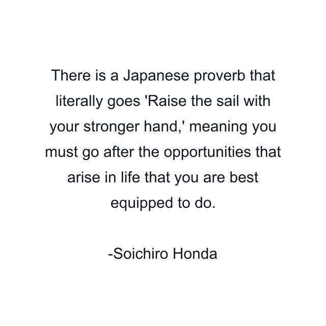 There is a Japanese proverb that literally goes 'Raise the sail with your stronger hand,' meaning you must go after the opportunities that arise in life that you are best equipped to do.