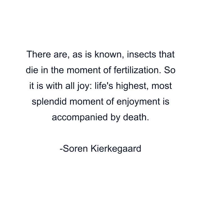 There are, as is known, insects that die in the moment of fertilization. So it is with all joy: life's highest, most splendid moment of enjoyment is accompanied by death.