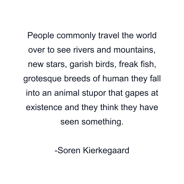 People commonly travel the world over to see rivers and mountains, new stars, garish birds, freak fish, grotesque breeds of human they fall into an animal stupor that gapes at existence and they think they have seen something.