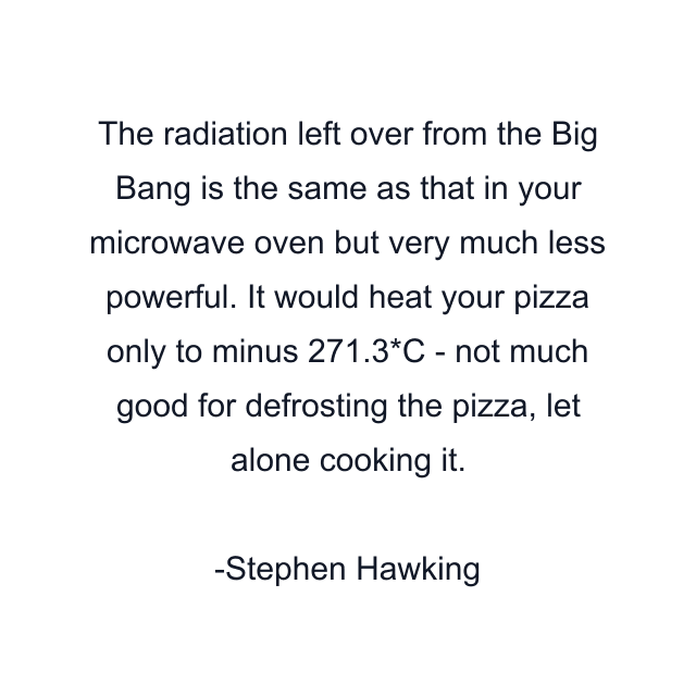 The radiation left over from the Big Bang is the same as that in your microwave oven but very much less powerful. It would heat your pizza only to minus 271.3*C - not much good for defrosting the pizza, let alone cooking it.