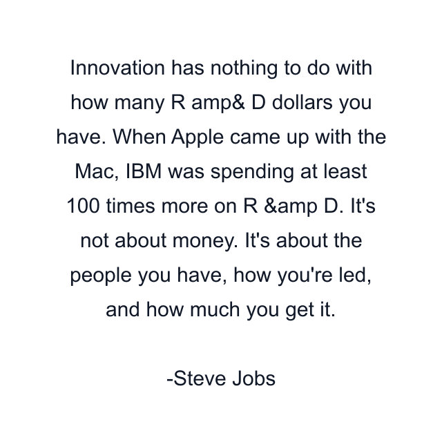 Innovation has nothing to do with how many R amp& D dollars you have. When Apple came up with the Mac, IBM was spending at least 100 times more on R &amp D. It's not about money. It's about the people you have, how you're led, and how much you get it.