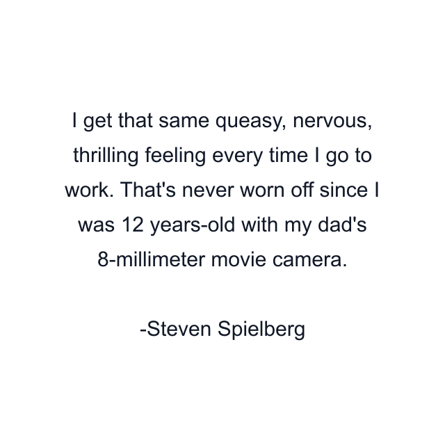 I get that same queasy, nervous, thrilling feeling every time I go to work. That's never worn off since I was 12 years-old with my dad's 8-millimeter movie camera.