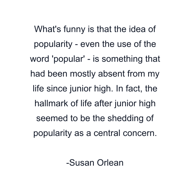 What's funny is that the idea of popularity - even the use of the word 'popular' - is something that had been mostly absent from my life since junior high. In fact, the hallmark of life after junior high seemed to be the shedding of popularity as a central concern.