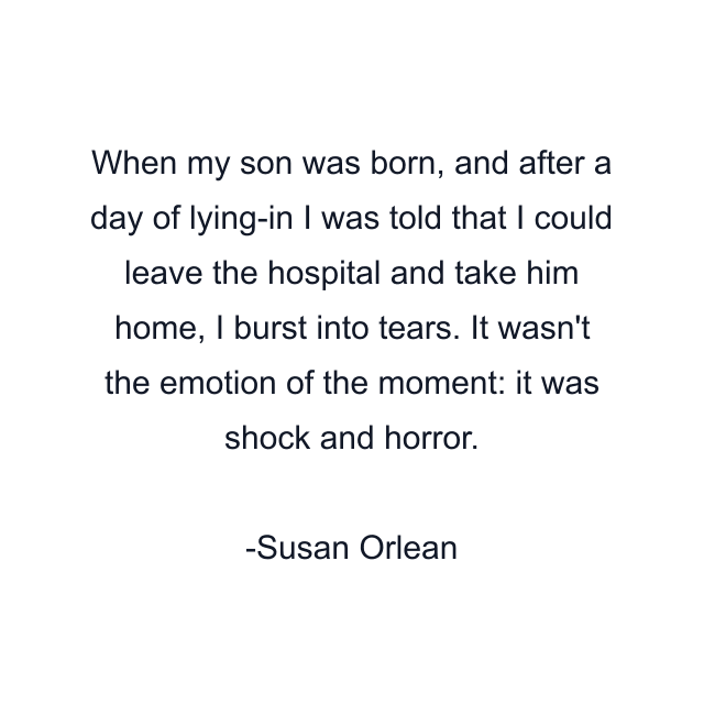 When my son was born, and after a day of lying-in I was told that I could leave the hospital and take him home, I burst into tears. It wasn't the emotion of the moment: it was shock and horror.