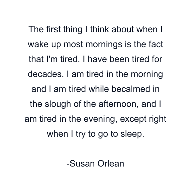 The first thing I think about when I wake up most mornings is the fact that I'm tired. I have been tired for decades. I am tired in the morning and I am tired while becalmed in the slough of the afternoon, and I am tired in the evening, except right when I try to go to sleep.