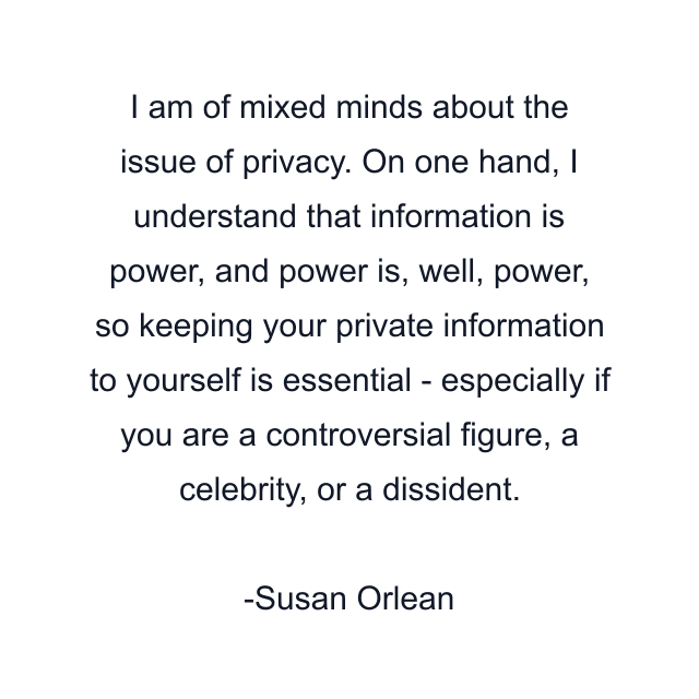 I am of mixed minds about the issue of privacy. On one hand, I understand that information is power, and power is, well, power, so keeping your private information to yourself is essential - especially if you are a controversial figure, a celebrity, or a dissident.