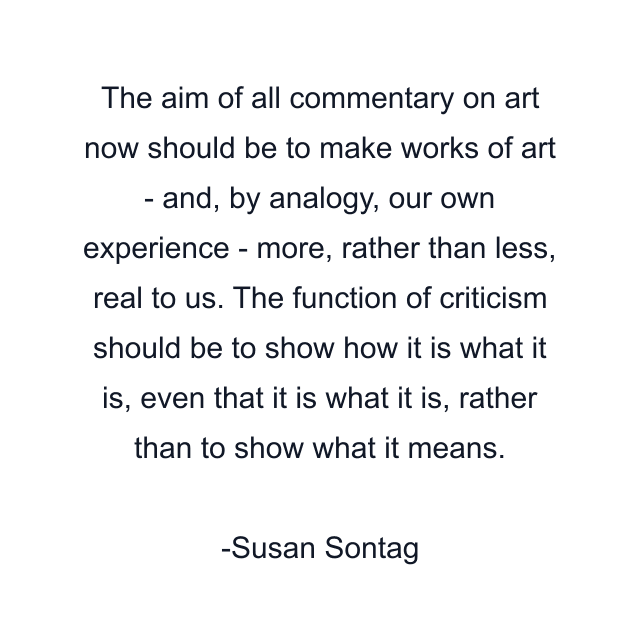 The aim of all commentary on art now should be to make works of art - and, by analogy, our own experience - more, rather than less, real to us. The function of criticism should be to show how it is what it is, even that it is what it is, rather than to show what it means.
