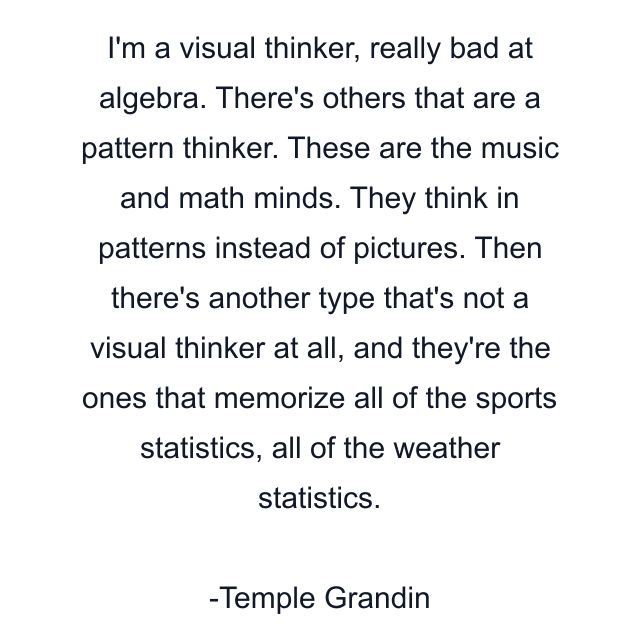 I'm a visual thinker, really bad at algebra. There's others that are a pattern thinker. These are the music and math minds. They think in patterns instead of pictures. Then there's another type that's not a visual thinker at all, and they're the ones that memorize all of the sports statistics, all of the weather statistics.