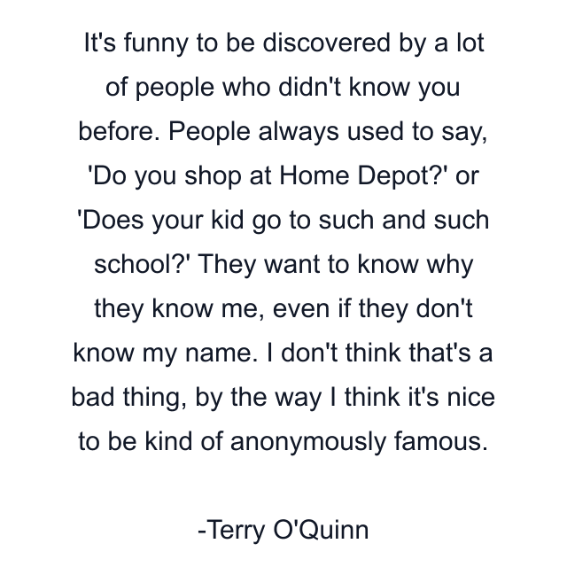 It's funny to be discovered by a lot of people who didn't know you before. People always used to say, 'Do you shop at Home Depot?' or 'Does your kid go to such and such school?' They want to know why they know me, even if they don't know my name. I don't think that's a bad thing, by the way I think it's nice to be kind of anonymously famous.