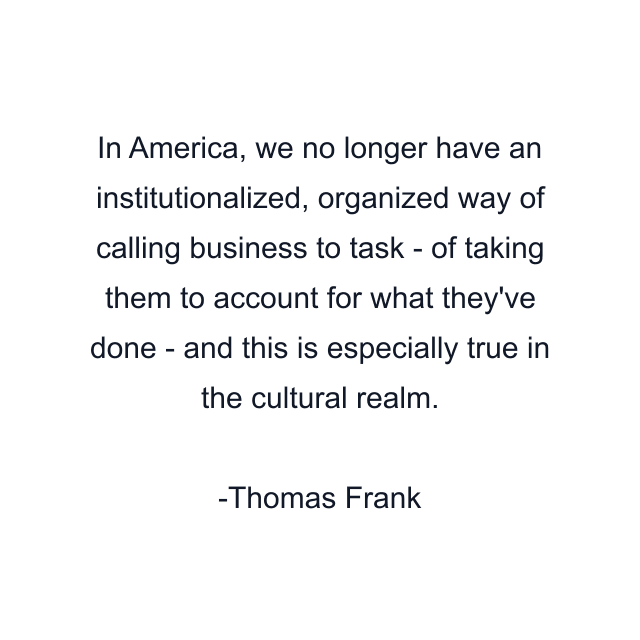 In America, we no longer have an institutionalized, organized way of calling business to task - of taking them to account for what they've done - and this is especially true in the cultural realm.