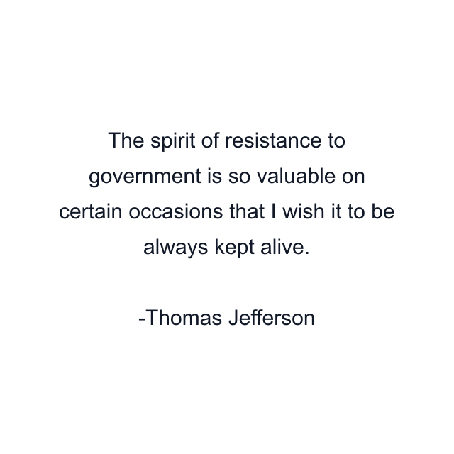 The spirit of resistance to government is so valuable on certain occasions that I wish it to be always kept alive.