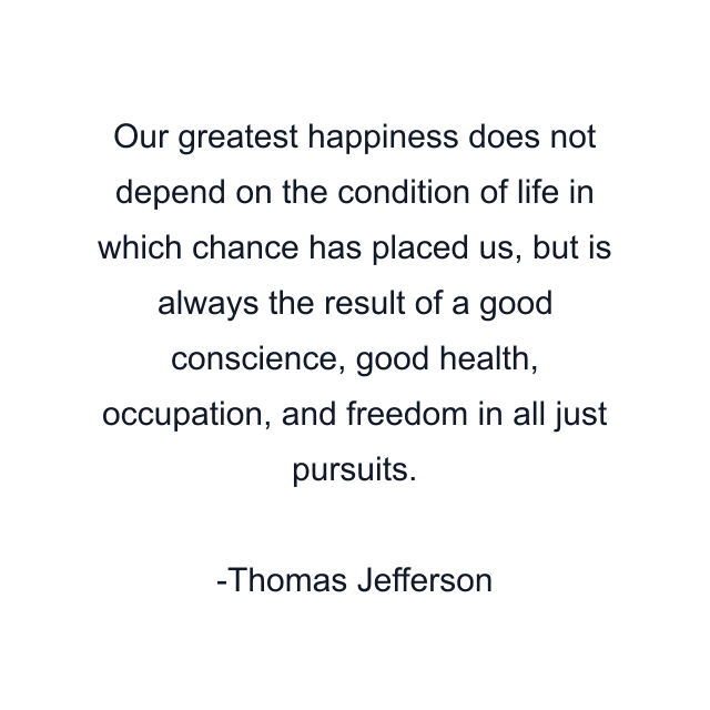 Our greatest happiness does not depend on the condition of life in which chance has placed us, but is always the result of a good conscience, good health, occupation, and freedom in all just pursuits.