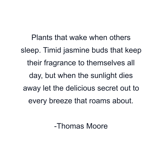 Plants that wake when others sleep. Timid jasmine buds that keep their fragrance to themselves all day, but when the sunlight dies away let the delicious secret out to every breeze that roams about.