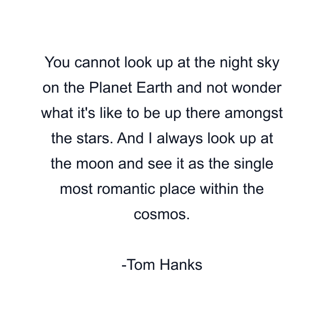 You cannot look up at the night sky on the Planet Earth and not wonder what it's like to be up there amongst the stars. And I always look up at the moon and see it as the single most romantic place within the cosmos.