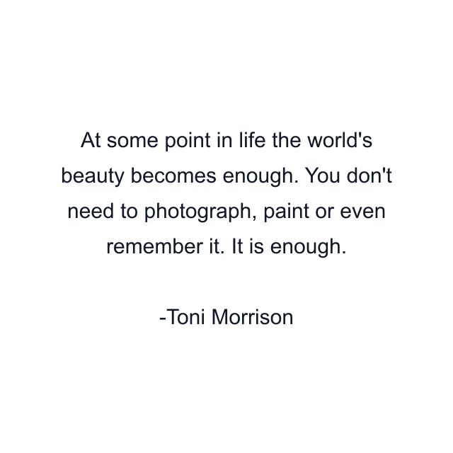 At some point in life the world's beauty becomes enough. You don't need to photograph, paint or even remember it. It is enough.