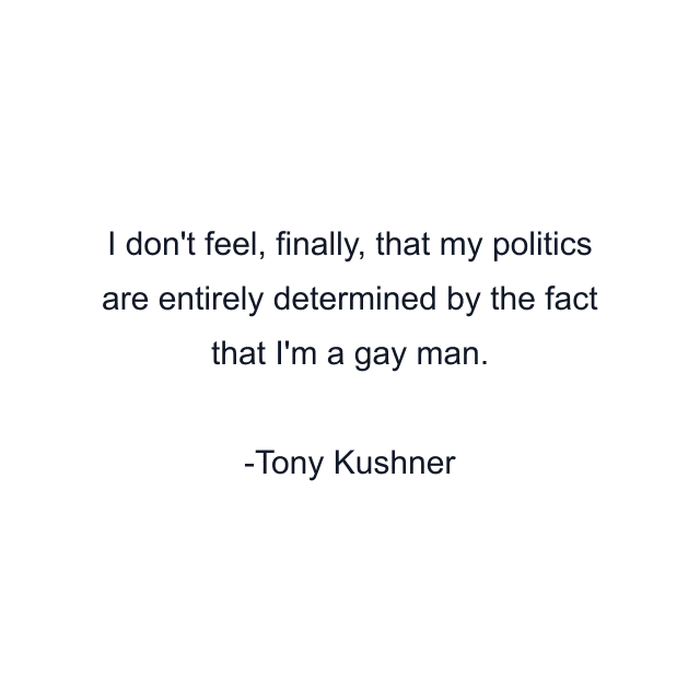 I don't feel, finally, that my politics are entirely determined by the fact that I'm a gay man.