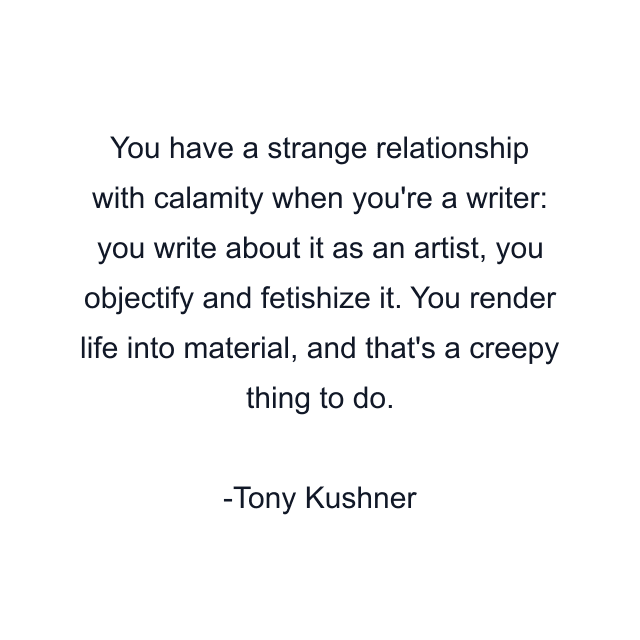 You have a strange relationship with calamity when you're a writer: you write about it as an artist, you objectify and fetishize it. You render life into material, and that's a creepy thing to do.