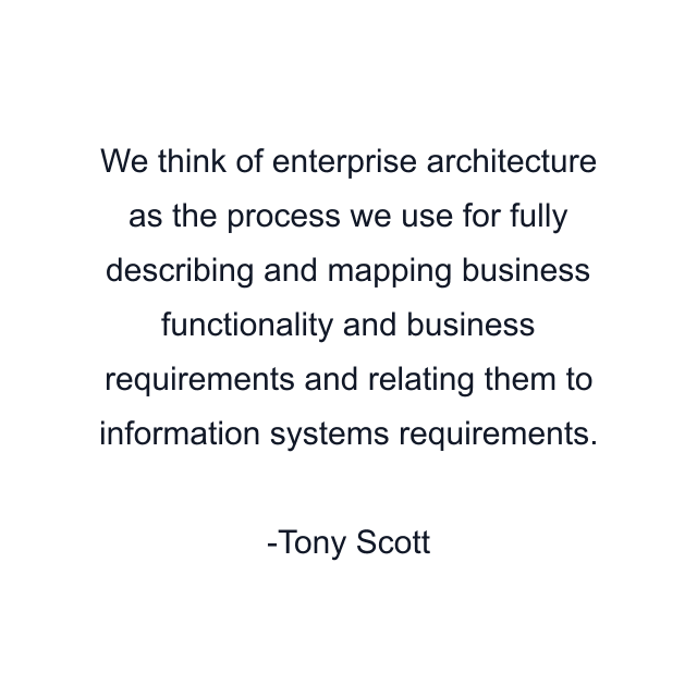 We think of enterprise architecture as the process we use for fully describing and mapping business functionality and business requirements and relating them to information systems requirements.