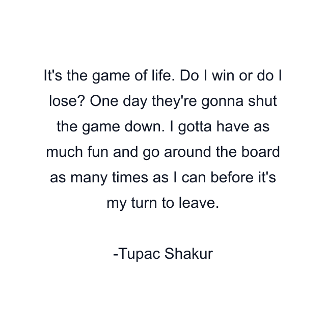 It's the game of life. Do I win or do I lose? One day they're gonna shut the game down. I gotta have as much fun and go around the board as many times as I can before it's my turn to leave.