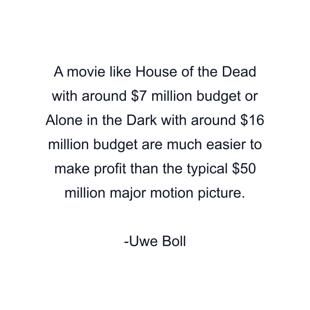 A movie like House of the Dead with around $7 million budget or Alone in the Dark with around $16 million budget are much easier to make profit than the typical $50 million major motion picture.